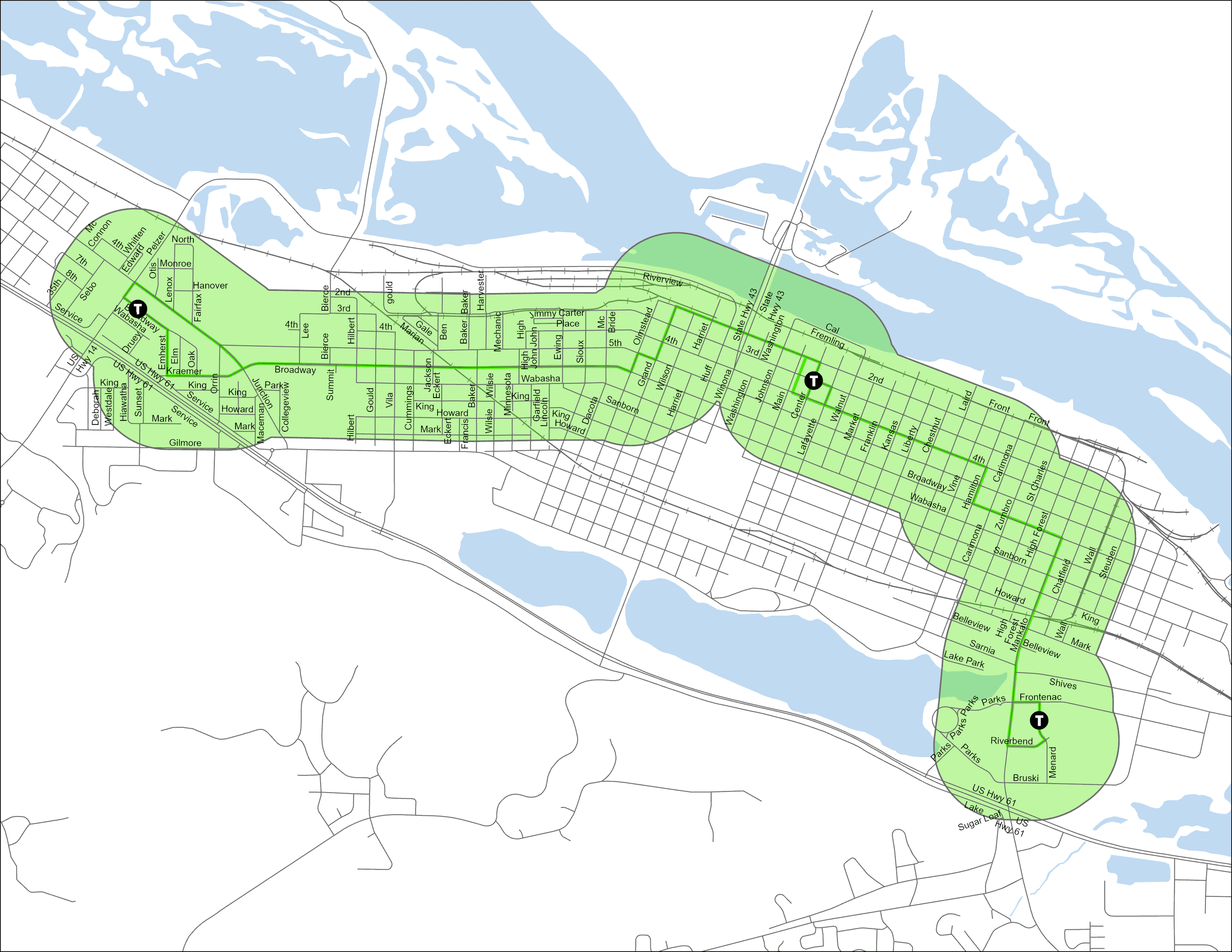 Green Deviation Route 8.5x11 with Transfer Hubs (no dash route)
